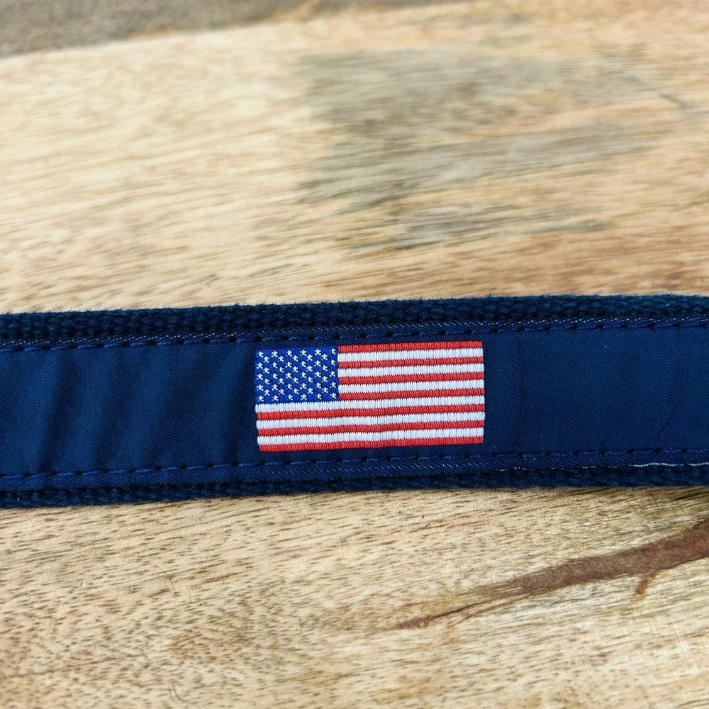 Preston Navy Canvas and Leather Belt With American Flag Size 34 USA Patriotic
